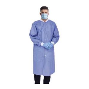 A8600-L | Disposable Lab Coat, Blue, Large Size 114*134, Dimensions 56*28*31, SMS multilayer non woven, 45gsm, fluid resistant & breathable, knit collar & wrists, snap front with 3 pockets, Latex Free, 50/ Case