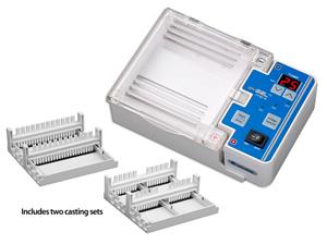 ES1101 | myGel Mini Electrophoresis System, complete with power supply, two 10.5 x 6 cm and four 5 x 6 cm gel trays, casting stands for each size of gel tray and two double sided combs for each tray size